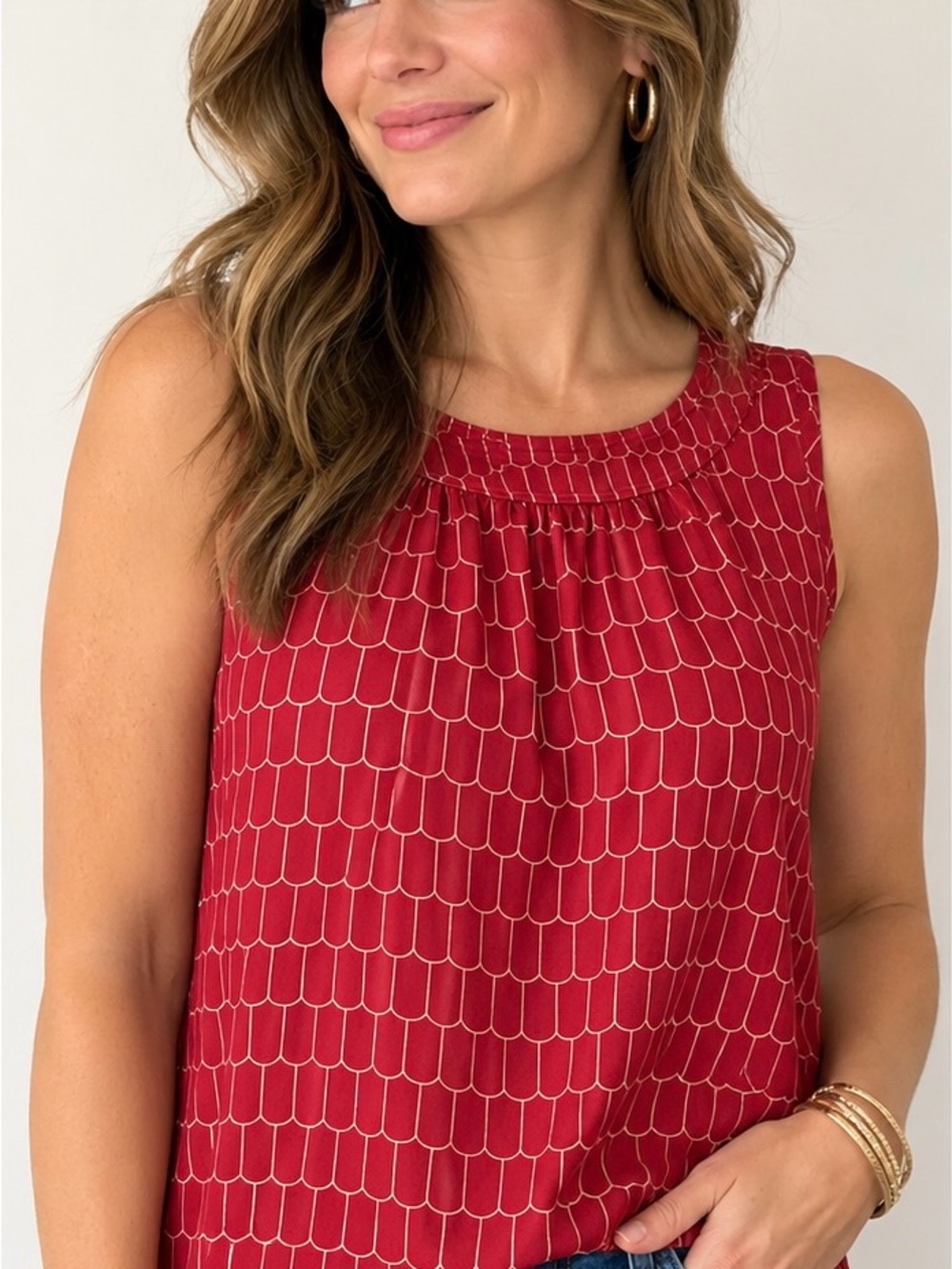 LOFT Red Scallop Print Sleeveless Blouse Top Size Small
